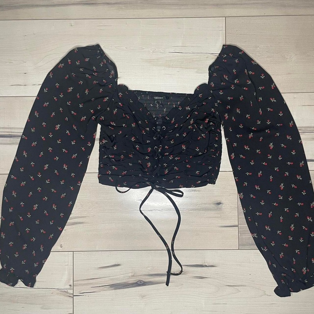 Whimsigoth Black Rose Lace Up Long Sleeve Crop Top size S